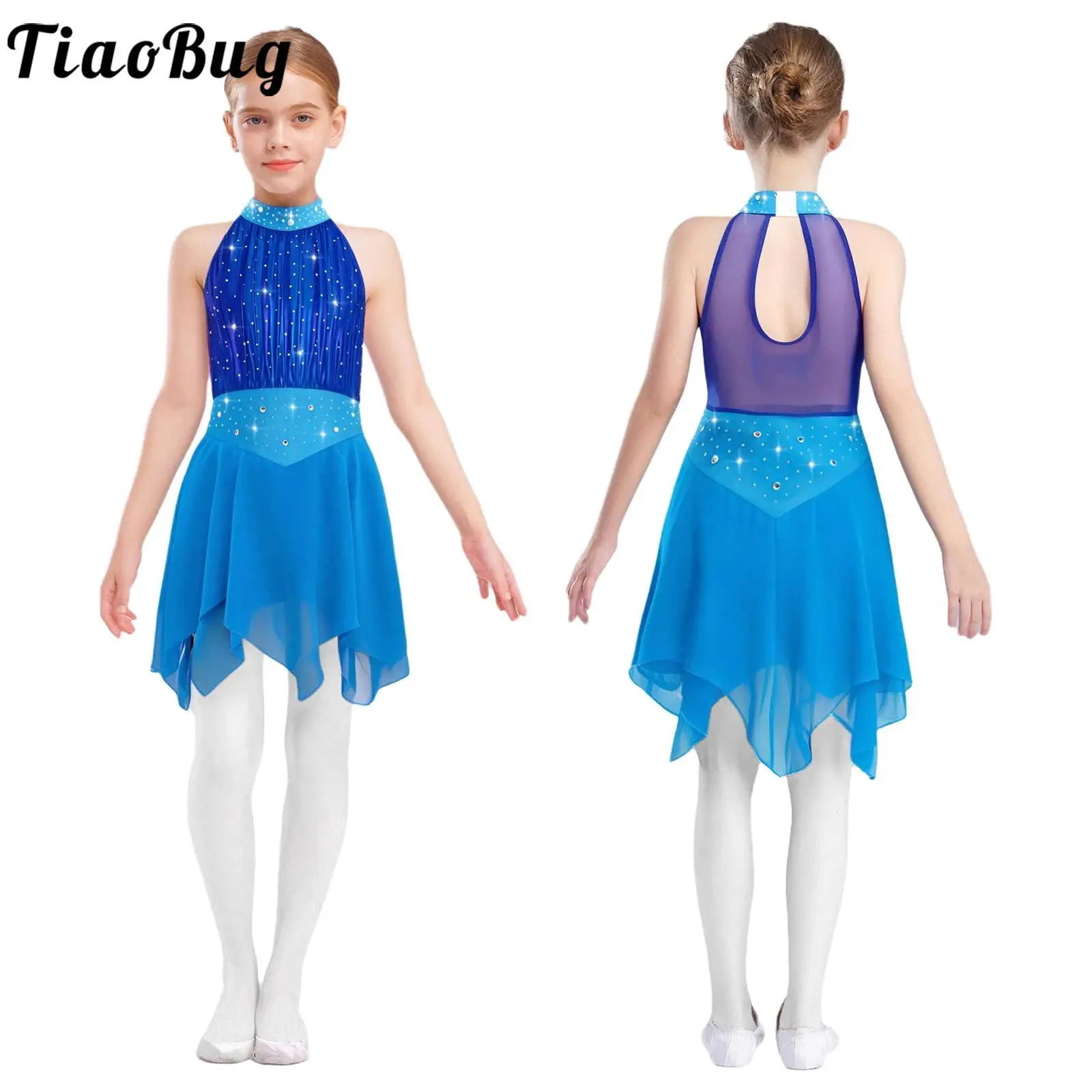 

Girls Lyrical Dance Dress Rhythmic Gymnastics Leotards Mesh Tutu Dress Sleeveless Shiny Figure Skating Modern Ballet Dancewear