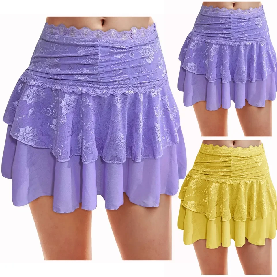 Lace Flowy Elastic Low Rise Skirt Women Lace Mini Skirt Ruffle Lace Layered Pleated Short Female Lining High Waist Mini Skirts
