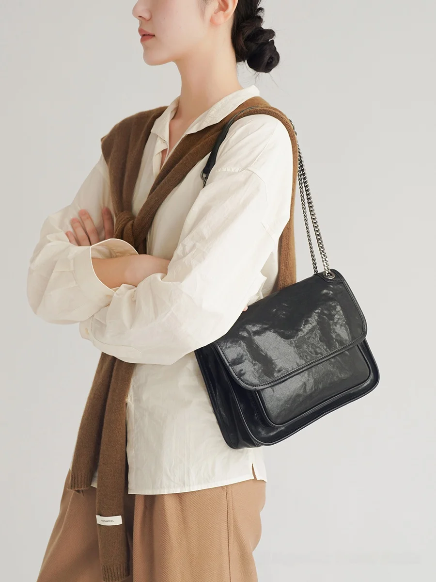 

Fanhua Leather Handbag Vintage Sle Handmade Top Layer Cowhide Women's Bag Soft Chain Crossbody Bag Casual Pure Color