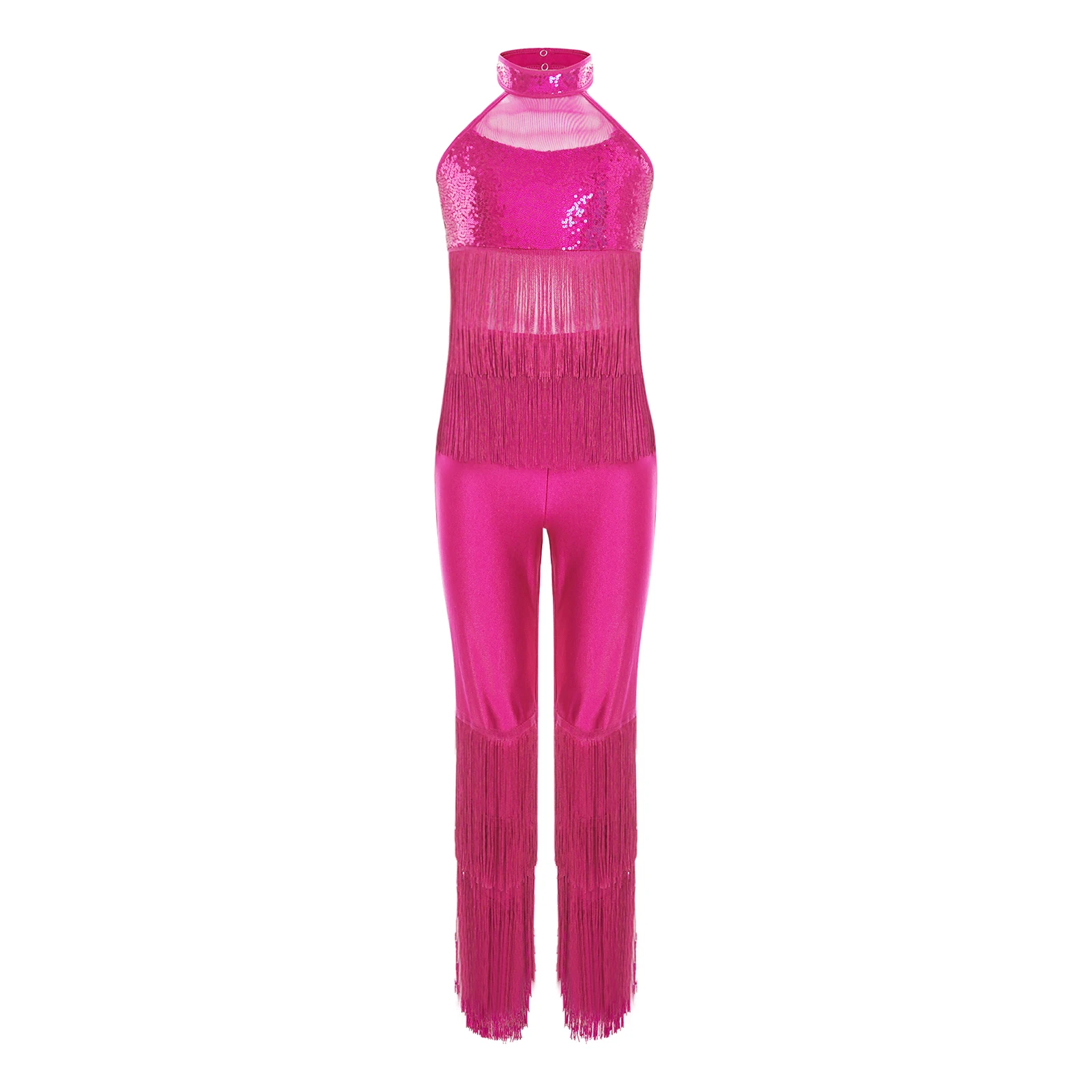 

Girls Tiered Tassels Jazz Dancewear Mesh Patchwork Performance Bodysuit Sparky Sequins Sleeveless Jumpsuit Dance Practice Outfit