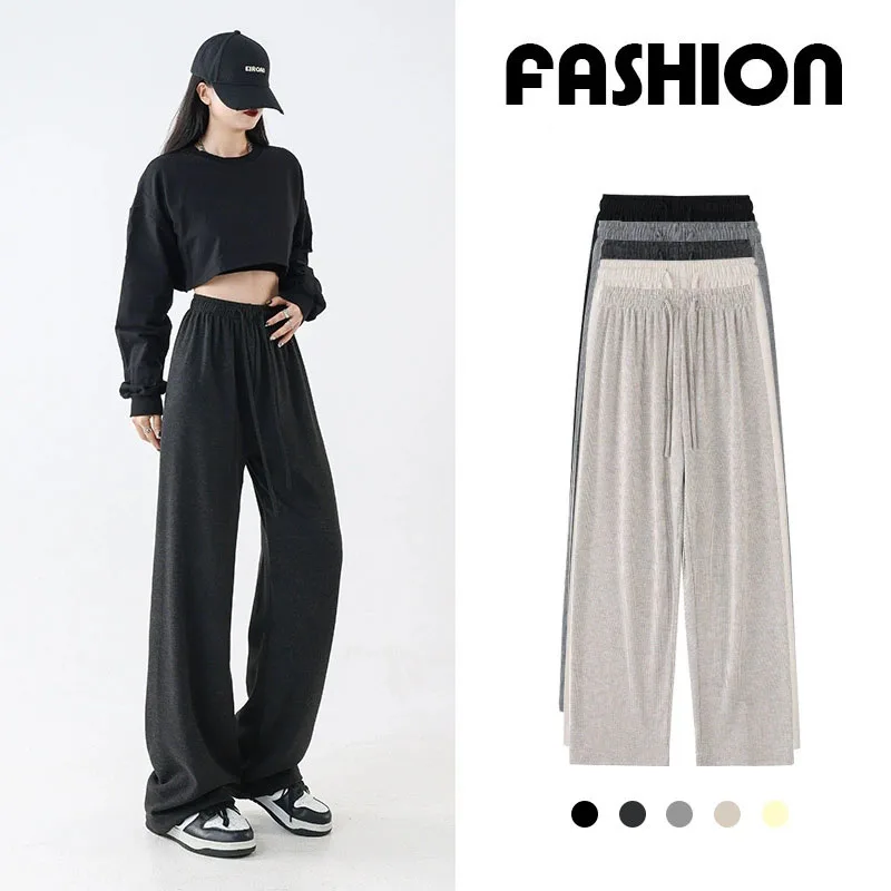 

Women's Loose-Fit Straight Pants Casual Versatile Comfortable Elastic Waist Wide Leg Trousers Korean Solid Drawstring Pants New