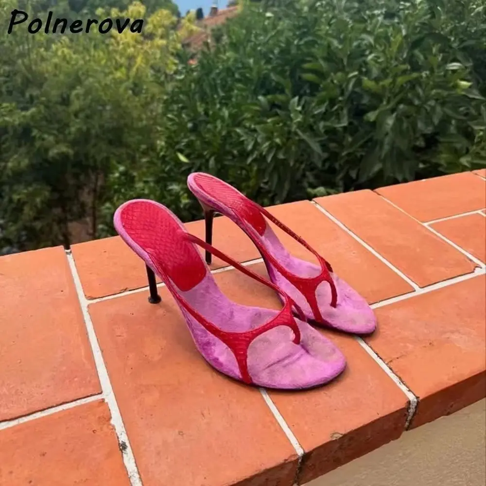 Retro Thong Stiletto Heel Mules Slippers Snakeskin Fuzzy Lined Open Toe Slip-On Sandals Multiple Colors Summer Women Shoes
