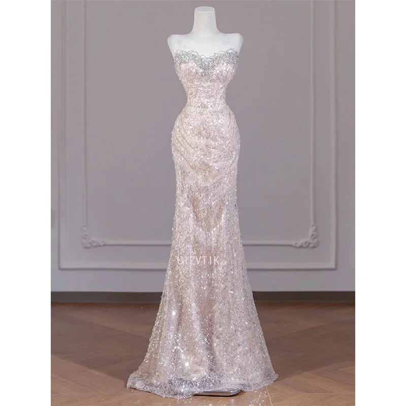 

Сексуальные платья для выпускного вечера с блестками цвета шампанского, милое вечернее платье без бретелек с открытой спиной, платье русалки без рукавов для торжественных случаев