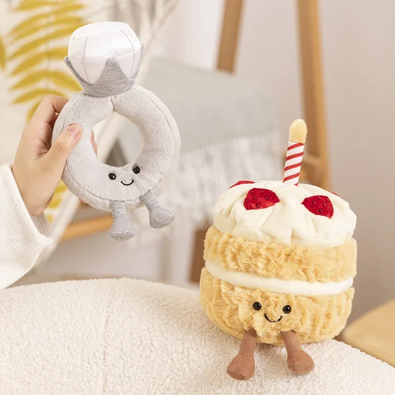 High Quality  Wedding Diamond Ring Plush Toy Stuffed Cream Cupcake Plushie Wedding Cake Decor Party Present for Couples