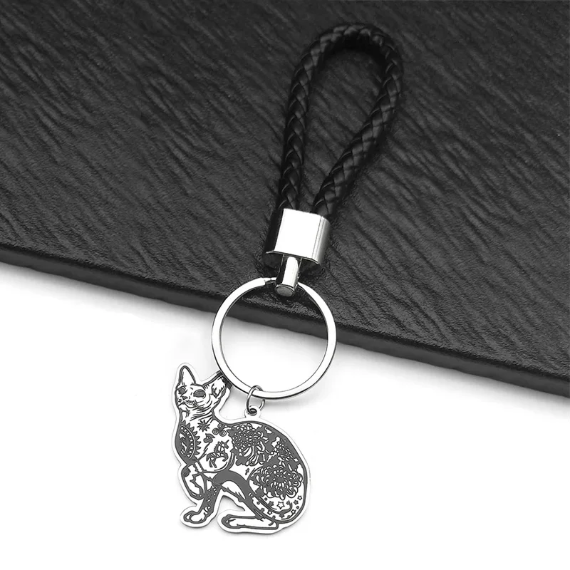 Gothic Canadian Hairless Sphynx Cat Flower Prints Stainless Steel Pendant Key Chain For Women Girls Bijoux Pet Jewelry Gift