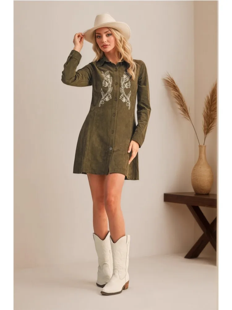 الخريف الغزلان الجلد المخملية قمصان فستان قصير المرأة زهرة التطريز Modis الخصر النحيف قمصان للسيدات فساتين طويلة الأكمام فستان امرأة #3