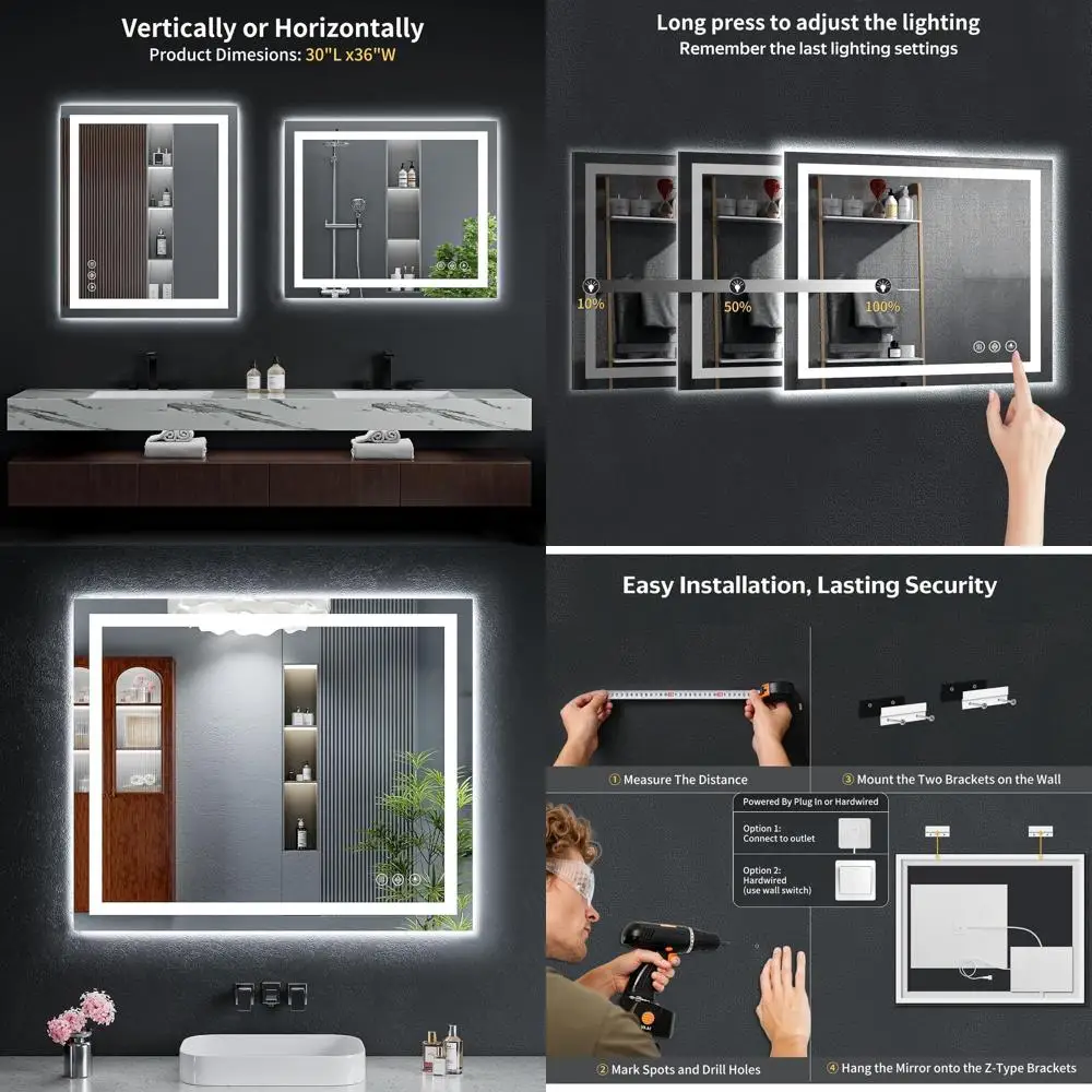 

Dimmable 36x30 LED Backlit Bathroom Mirror with 90+ CRI, Anti-Fog, 3 Color Temperatures, Memory Function, Shatterproof Tempered