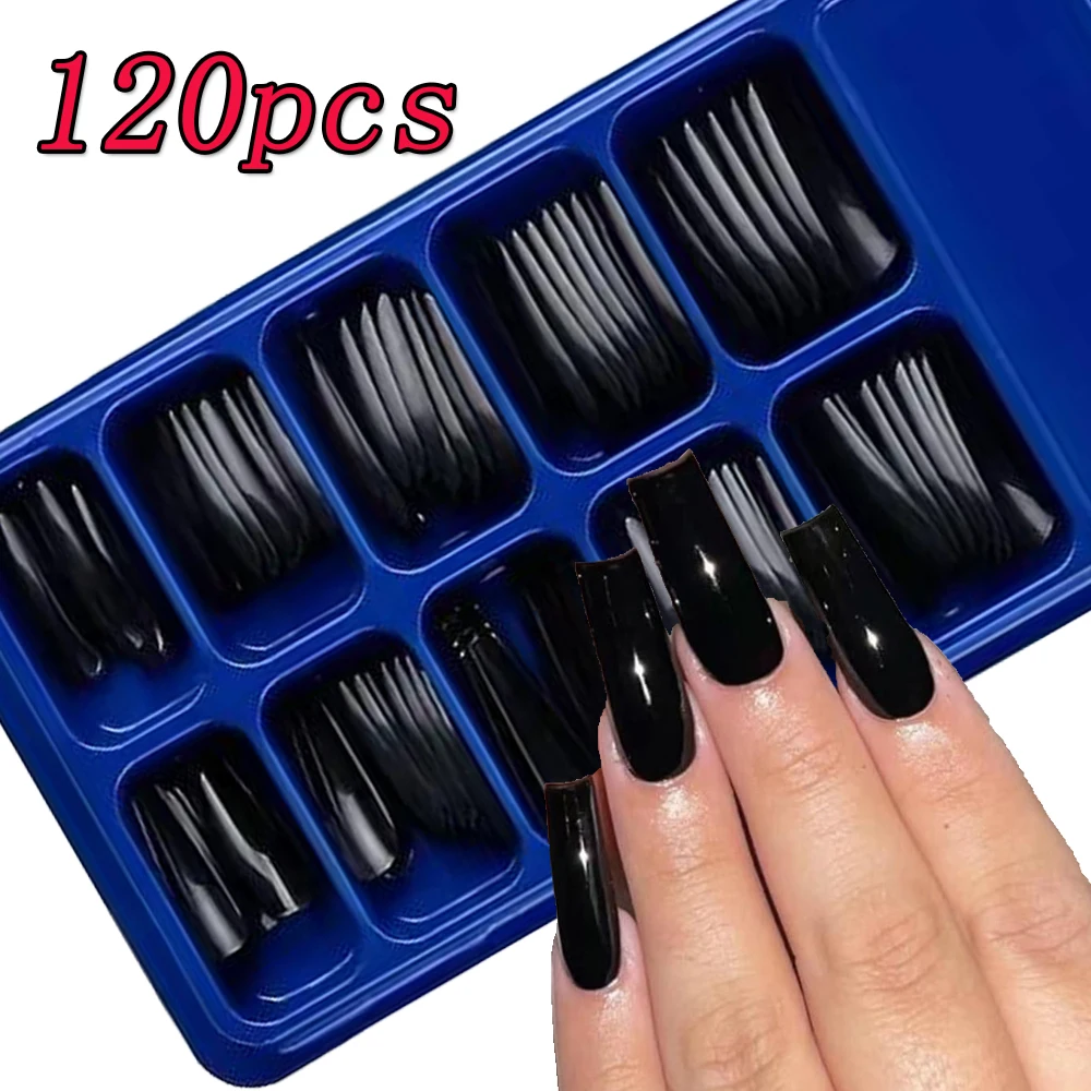 120Pcs Black Ballet Press on Fake Nail Tips Full Cover Long Ballerina False Nails Solid Color Artificial Fingernails Extension