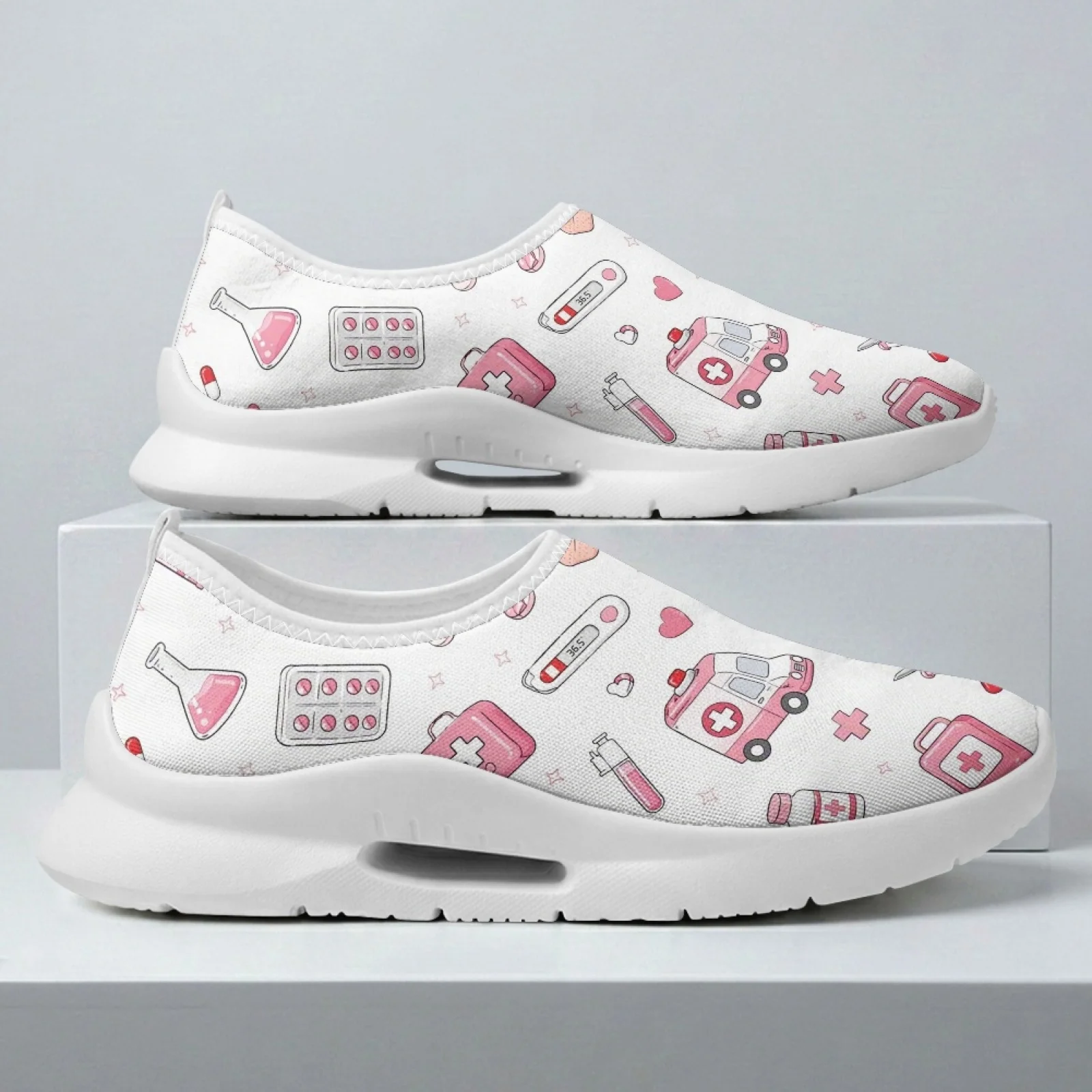 PENSTROLL Pink Medical Print Casual Fashion Sneaker Nurse Shoes for Women Comfortable Round Toe Casual Shoes