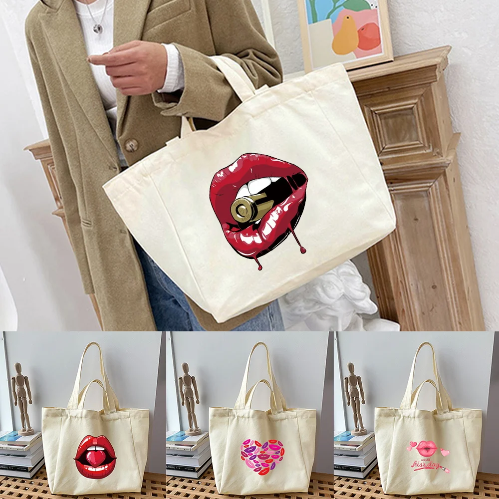 

Women's Fabric Shopping Bag Fashion Trend Classic Mouth Series Pattern Shoulder Bag Reusable Black Print Canvas Tote Bag Shopper
