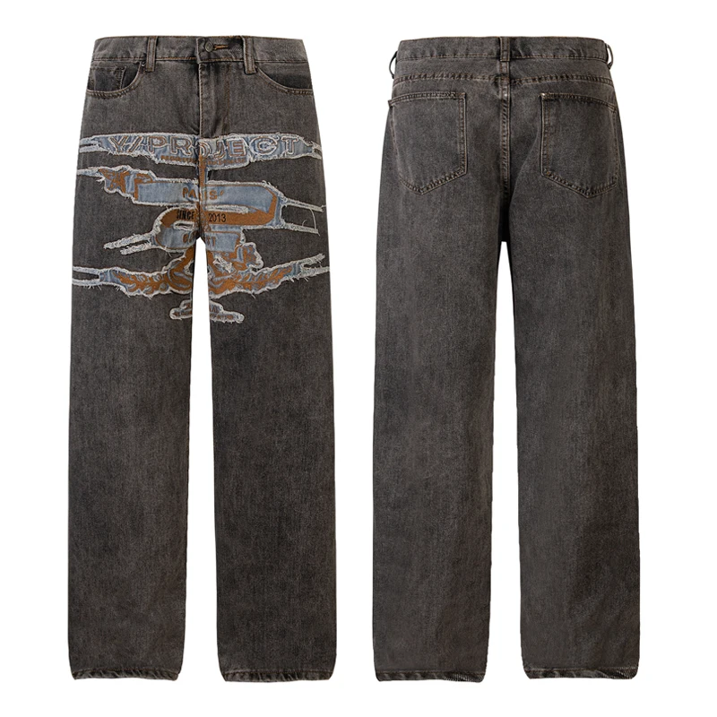 Europeu americano tendências projeto g/r jeans retalhos bordado tecido padrão calças de perna reta casual solto denim