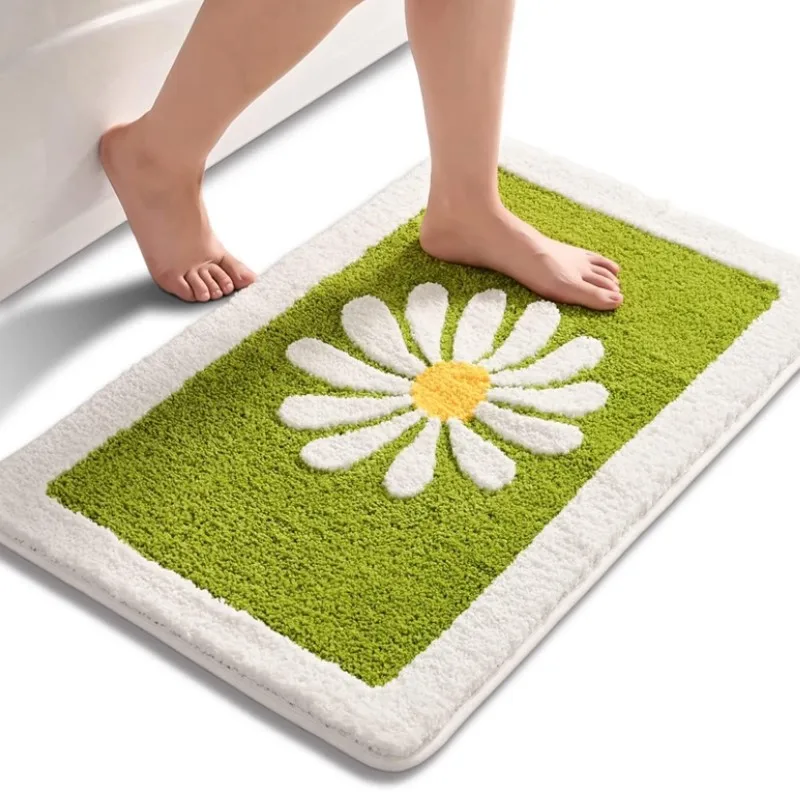 Inyahome Green Bathroom Rug Mat Cute Daisy Bath Mat White and Yellow Flower Decor Rugs Non Slip Floor Carpet Microfiber Bathmats