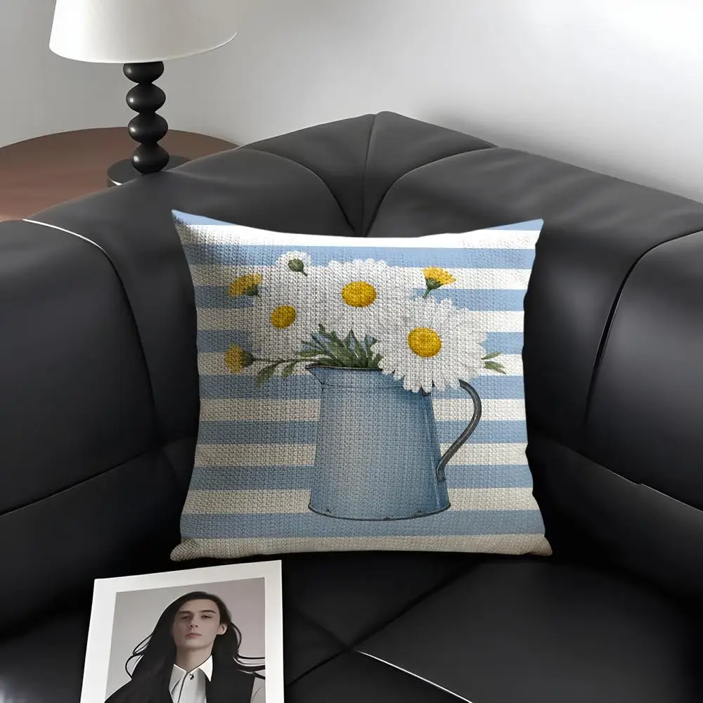 Blue Daisy Bicycle Cushion Cover Natural Linen Organic Fabric Double-Sided Printing Breathable Perfect Gift For Decor