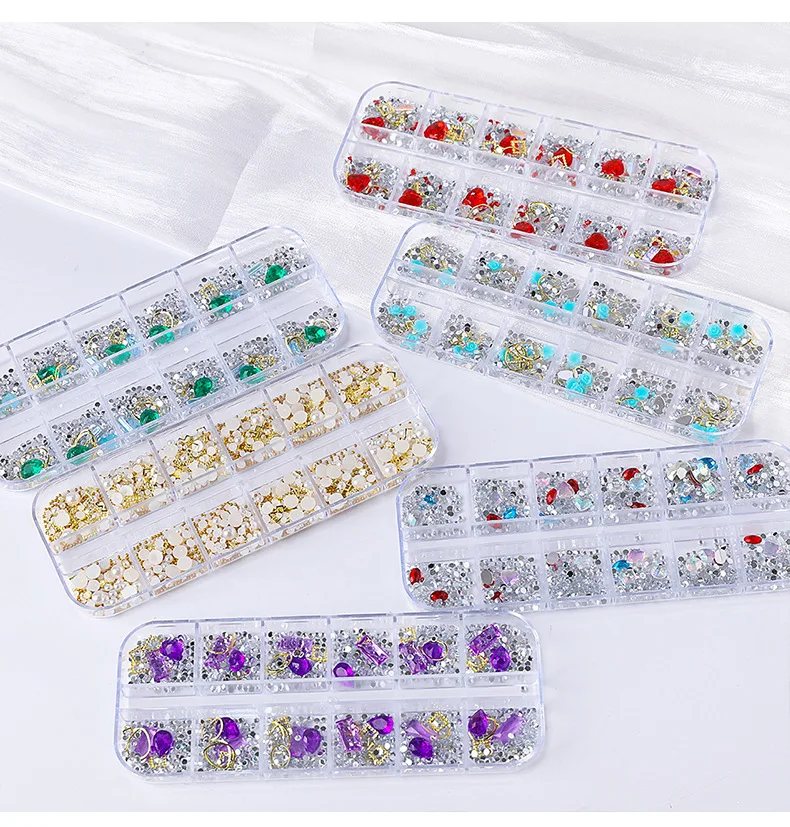 12 Grids Long Rhinestones Nail Decorations in Assorted Styles for Stunning Nail Art