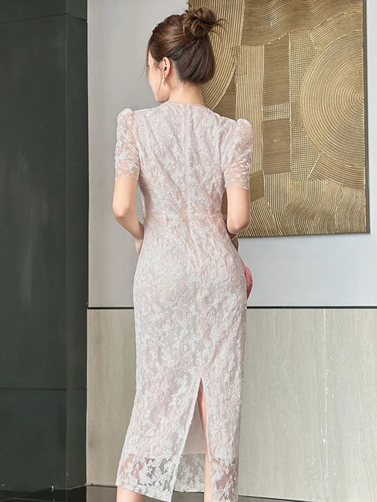 Abito da sera formale di lusso squisito da donna Lady Elegante pizzo trasparente con paillettes ricamato Abito dolce Festa di compleanno Abiti da ballo