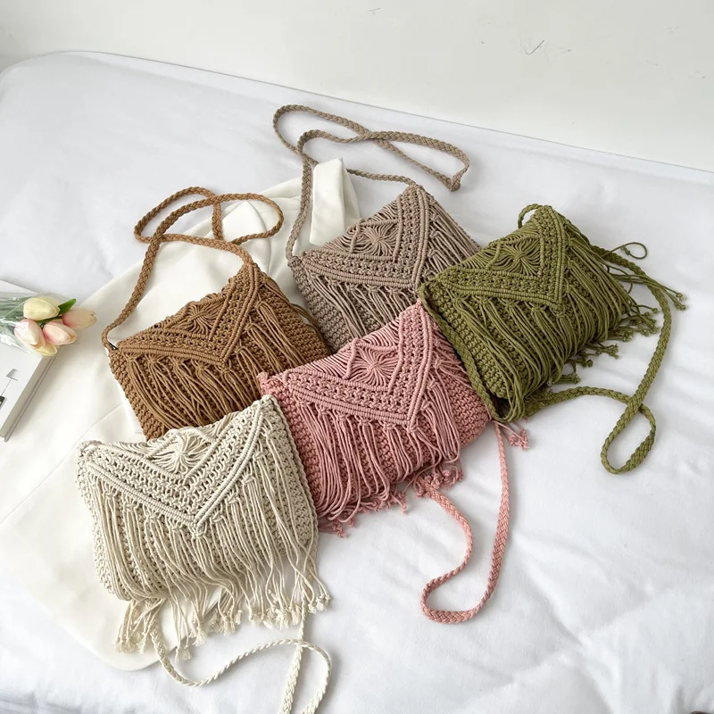 Fashion Cotton Woven Hollow Shoulder Crossbdoy Bags Female Summer Beach Bag Travel Small Tassel Handbag For Women Messenger Bags