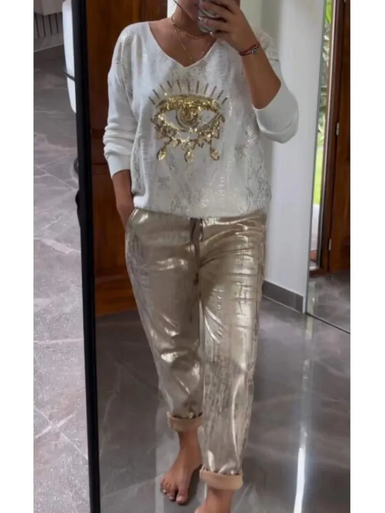 

Women Gold Shining Eye Print 2 Piece Set Spring Long-sleeved V Neck Top Pullover+Bronzing Pants Outfit Autumn Lace-up Loose Suit