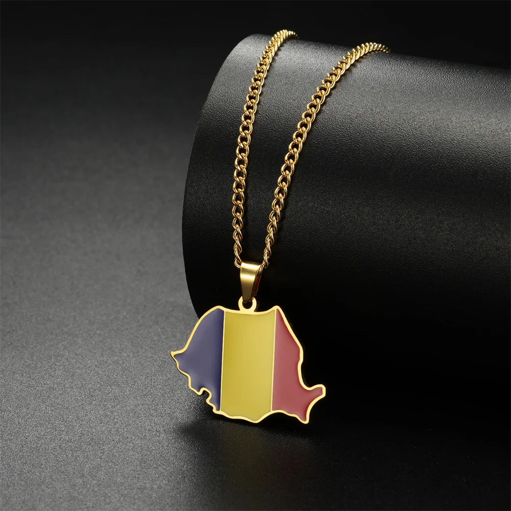 EUEAVAN Emaille Rumänien Karte Halskette Frauen Männer Edelstahl Trendy Rumänische Flagge Anhänger Ketten Halsband Ethnische Schmuck Geschenke – Detail 4
