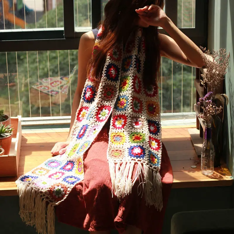 Fugusen women Sen scarves handmade women hollowed-out artistic style printed wool shawl tassel rectangular scarf female tops