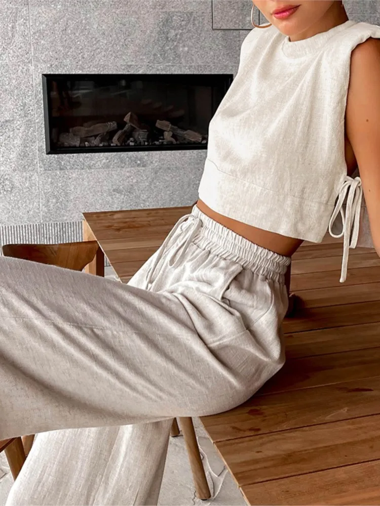 

Summer Solid Sets Outfits Lady Fashion Sleeveless O Neck Lace-up Tops+Hight Waist Pants 2 Pieces Set For Woman Holiday Office