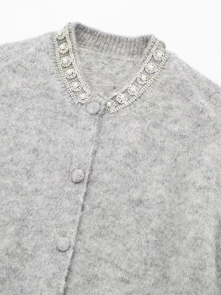 TRAF 2024 Fashion Diamonds Around Neck Cardigan For Women High Quality O-Neck Short Sleeve Button Sweater New Knitwears Coat