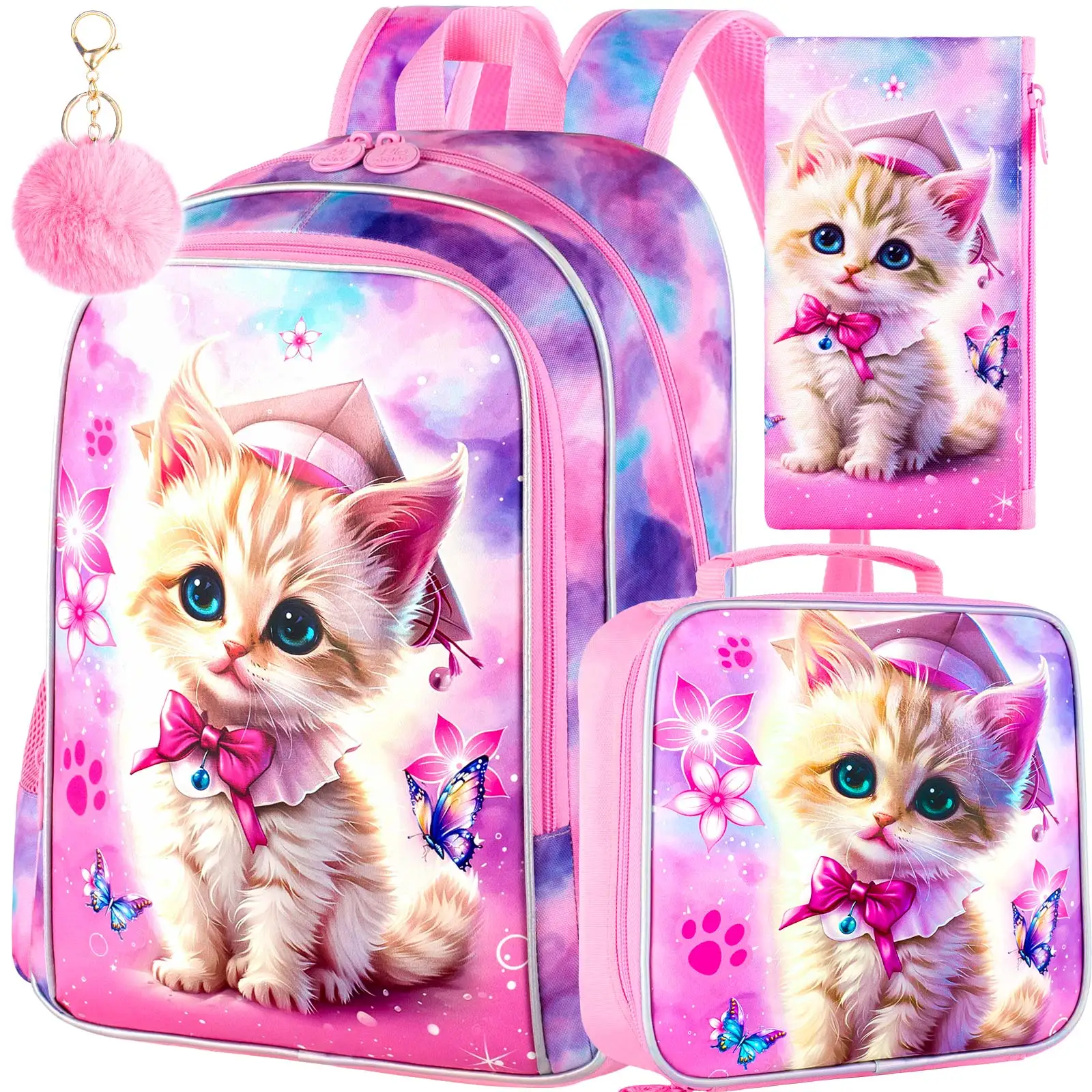 

3Pcs Girls Cat Backpack Set, 16 Inch Kids School Bag with Lunch Box Pencil Case, Cute Kitten Bookbag