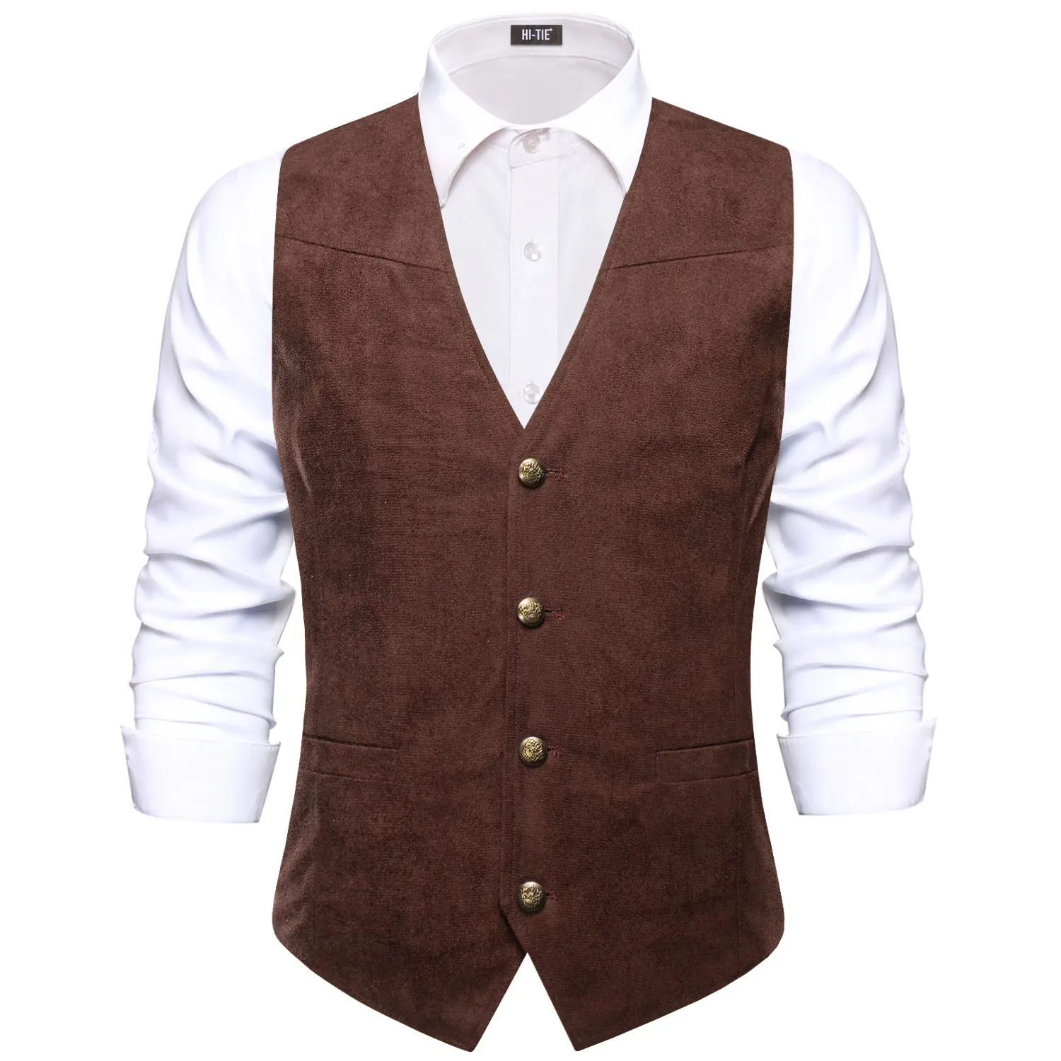 Herren Vintage Anzugweste aus Wildleder in Braun, Schwarz und Grün mit V-Ausschnitt, Einzelstück, Accessoires nicht enthalten, geeignet für Hochzeiten und Abendveranstaltungen. – Detail 3