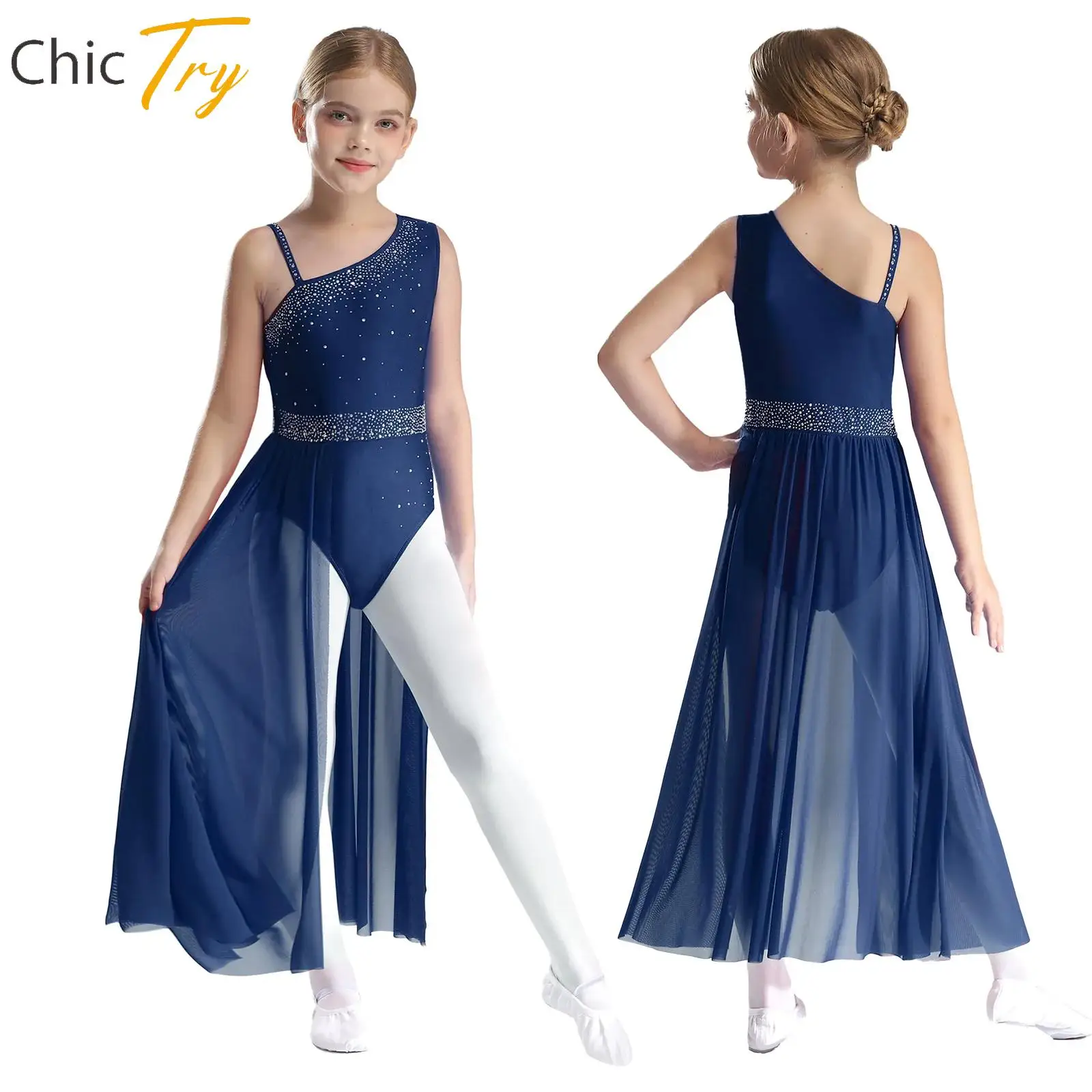 Kind Mädchen Lyrical Modern Dance Kostüm Glitzernde Strass Schulter Ärmellose Rock Trikot Leistung Party Ballett Dancewear