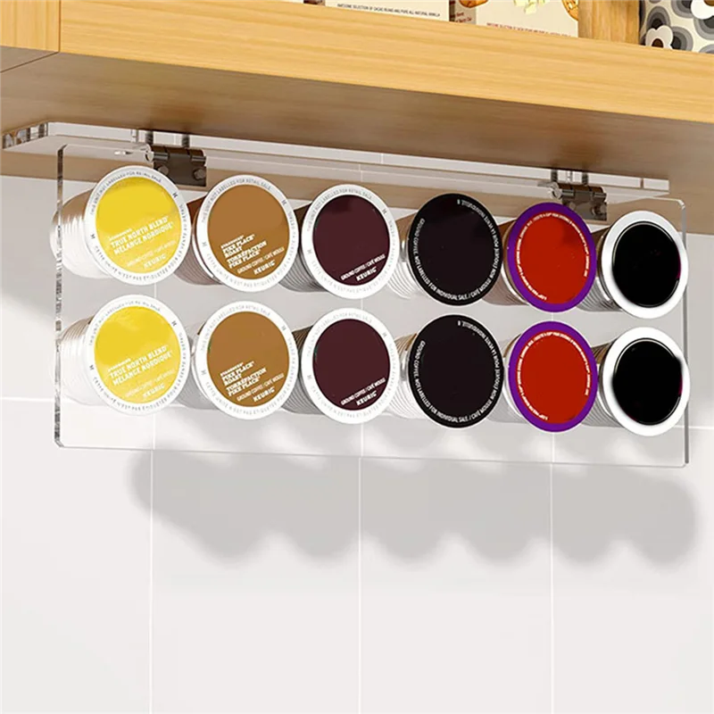 K-Cup Holder, Under Cabinet Pull Up Storage Coffee Holder Compatible with 12 Cup Pods, Space Save Coffee Pods Rack Clear