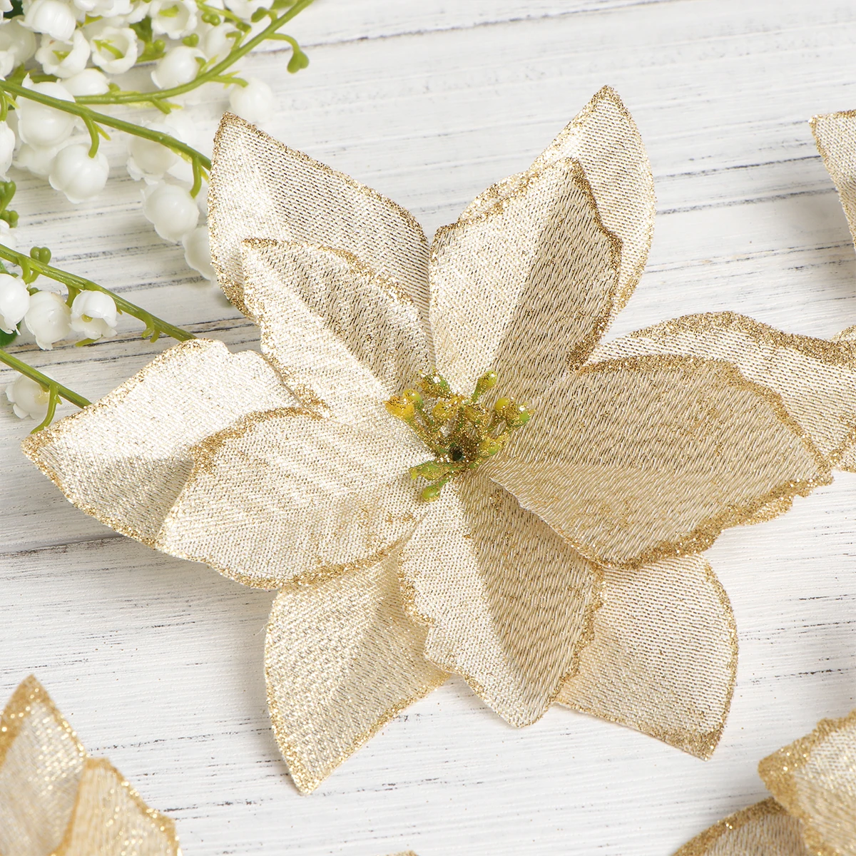 

20 PCS Decoration Christmas Flower Pendant Tree Jesus Xmas Glitter Golden Cloth
