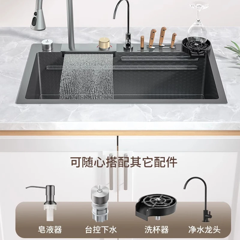 Cozinha 304 aço inoxidável cachoeira de peixe voador bacia vegetal, pia de máquina de lavar louça doméstica, pia única grande