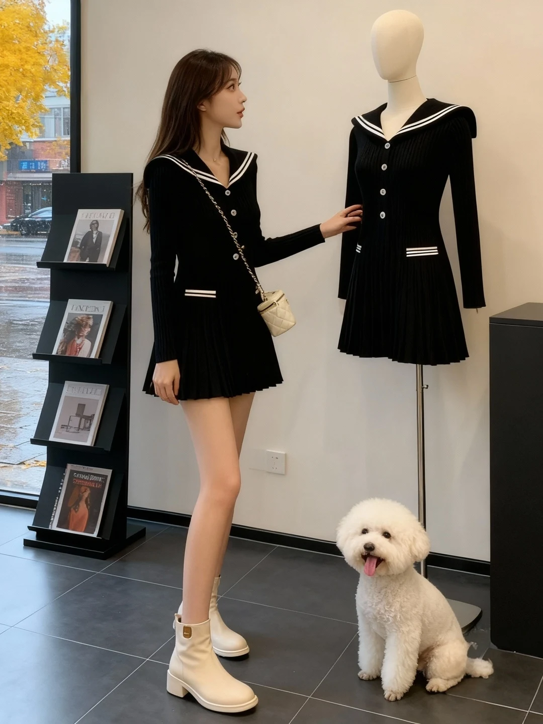 

Новая женская осенне-зимняя вязаная юбка-миди с воротником-стойкой, плиссированная, с эффектом утяжки талии, длинный рукав