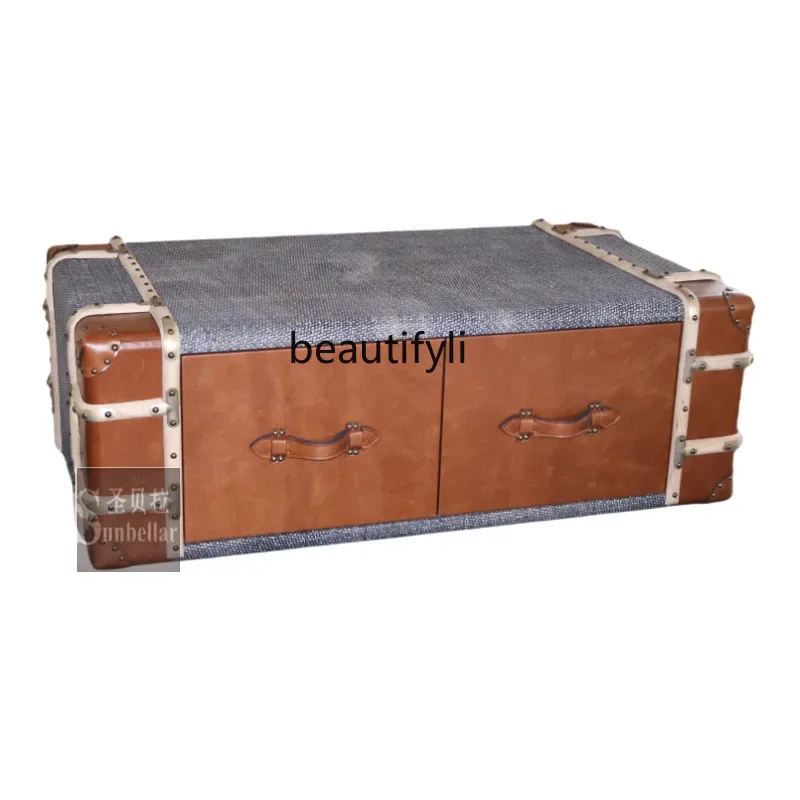 

ss1001 Medieval style leather cigar bar, tea table rattan mat, cowhide living room storage leather box type coffee table retro s