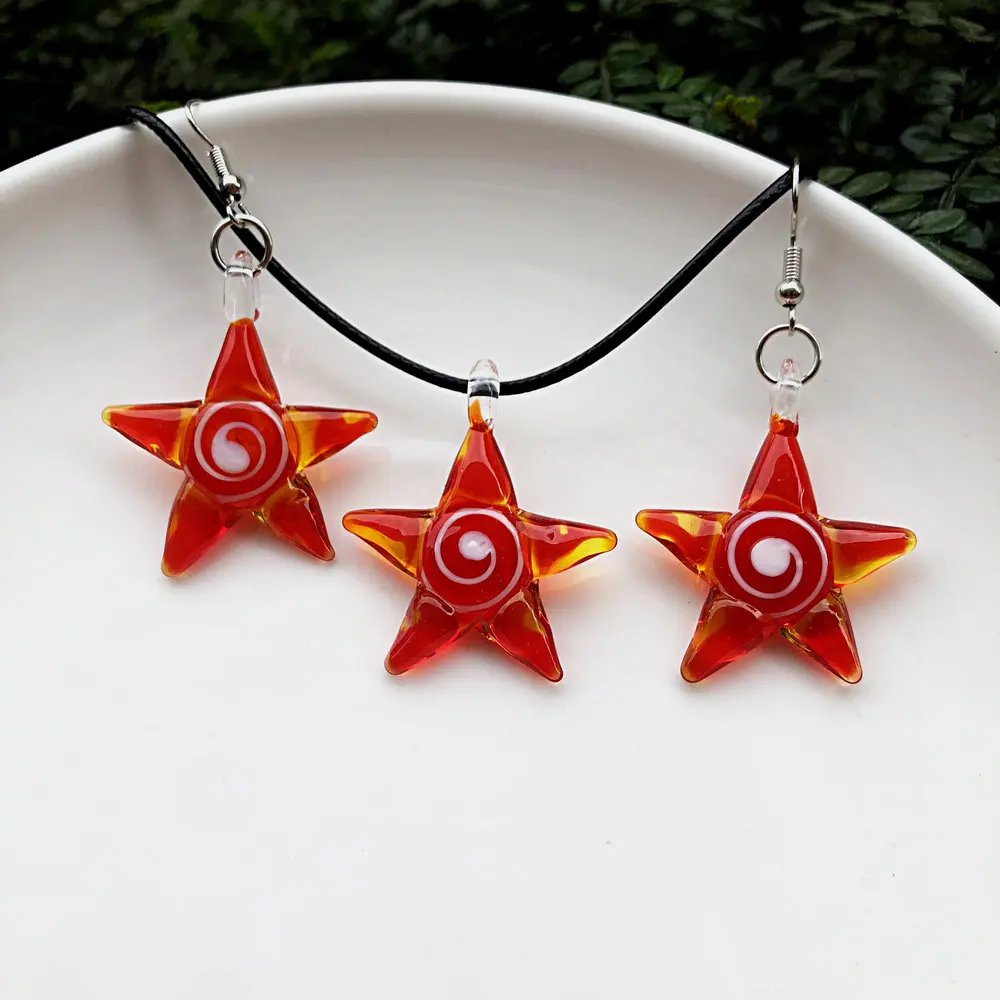 1Set Creative Ocean Style Art Starfish Inner Spiral Glass Necklace Pendant Earring Red Women's Jewelry image 3