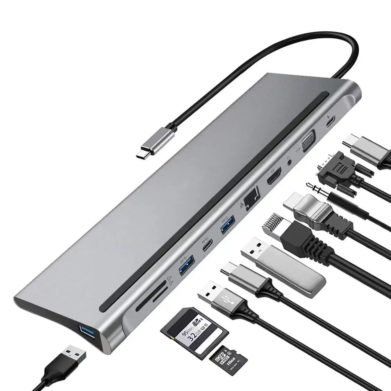 

11 port 11 in 1 Type C HUB adapter USB C Docking Station with 4K 30HZ USB 3.0 Hub Ethernet 100W PD Audio VGA TF/SD Card