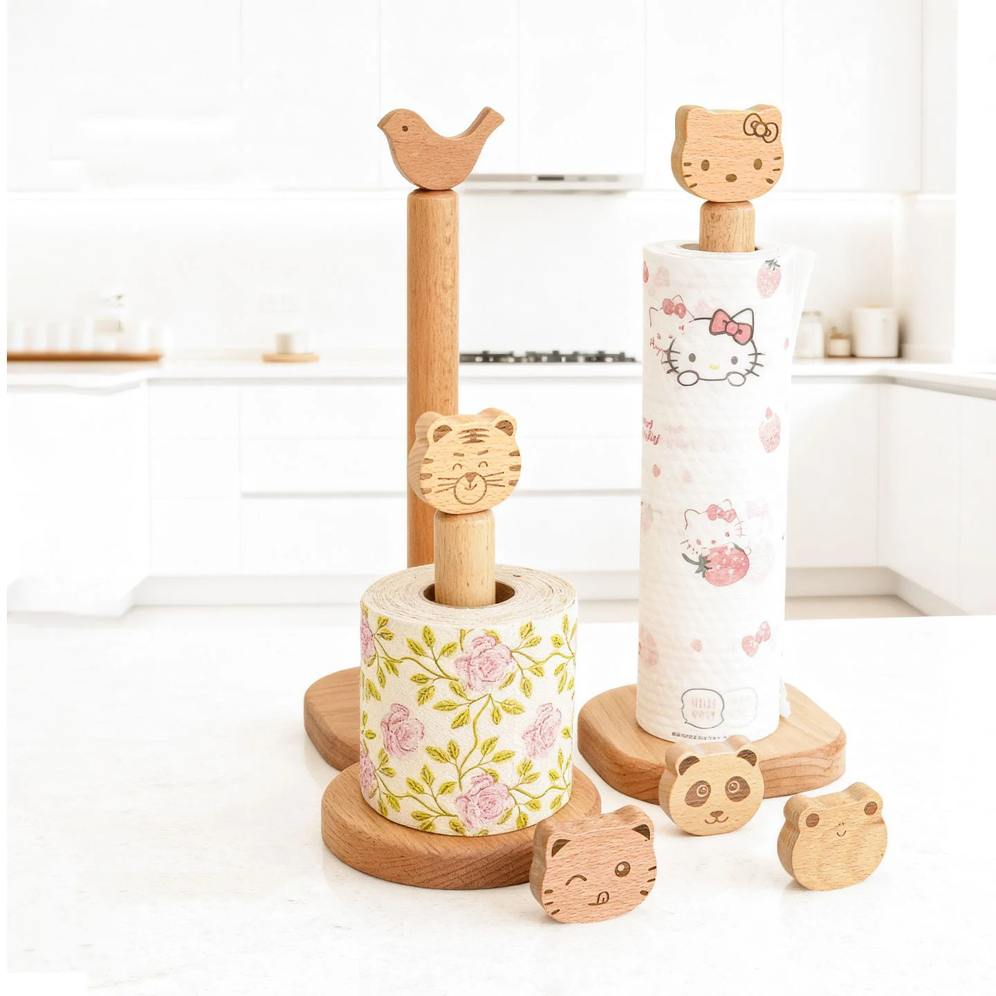 حامل مناشف ورقية خشبي بسيط، رف تخزين ورق المطبخ، حامل خرقة كسول كرتوني، ديكور سطح طاولة المطبخ #3