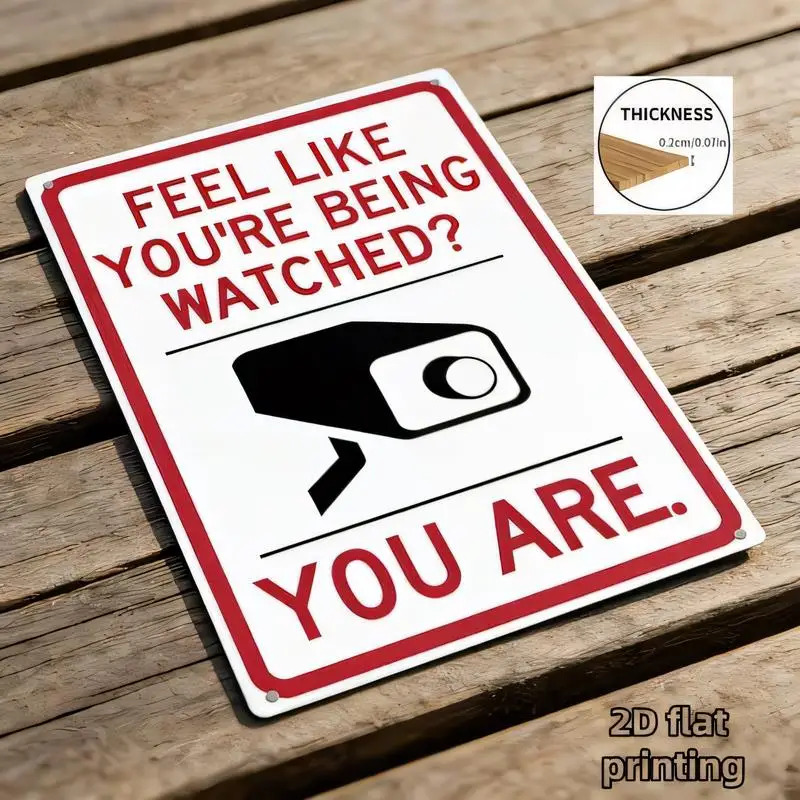 2D Flat Printed Red & White Security Camera Metal Tin Sign - Humorous You Are Watched Warning Art for Home/Office/Shop Decor, Ir