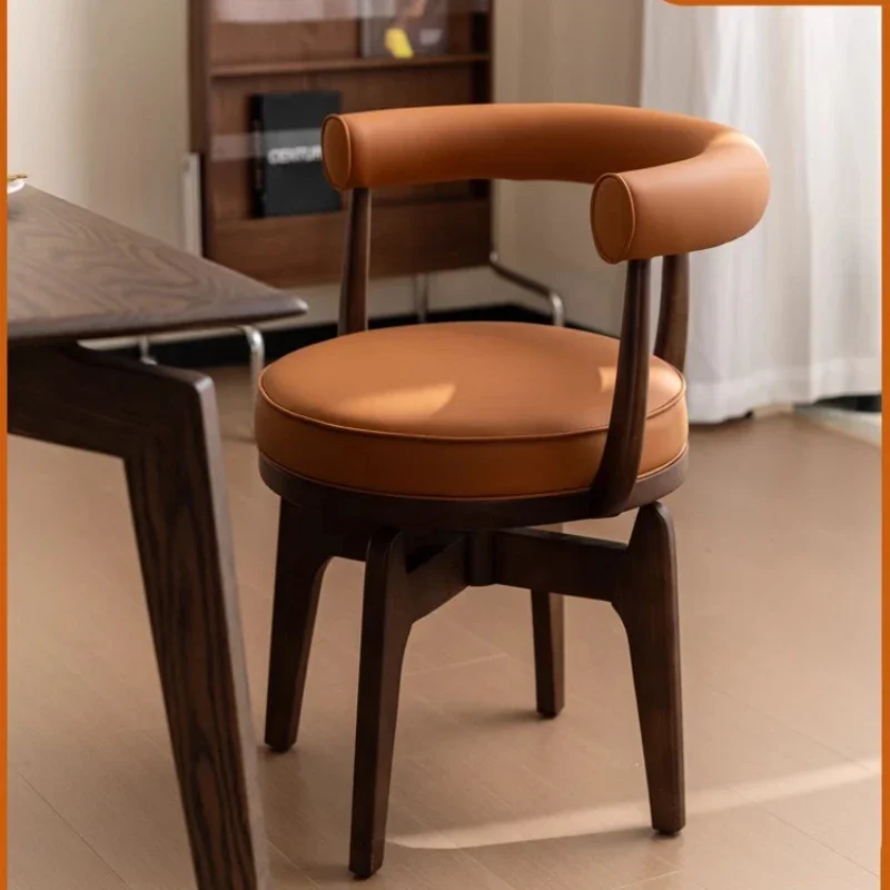 Italian Minimalist Solid Wood Dining Chair Backrest Home Leather Art Modern Study Chair Creative Leisure Rotating Мебель 카페의자