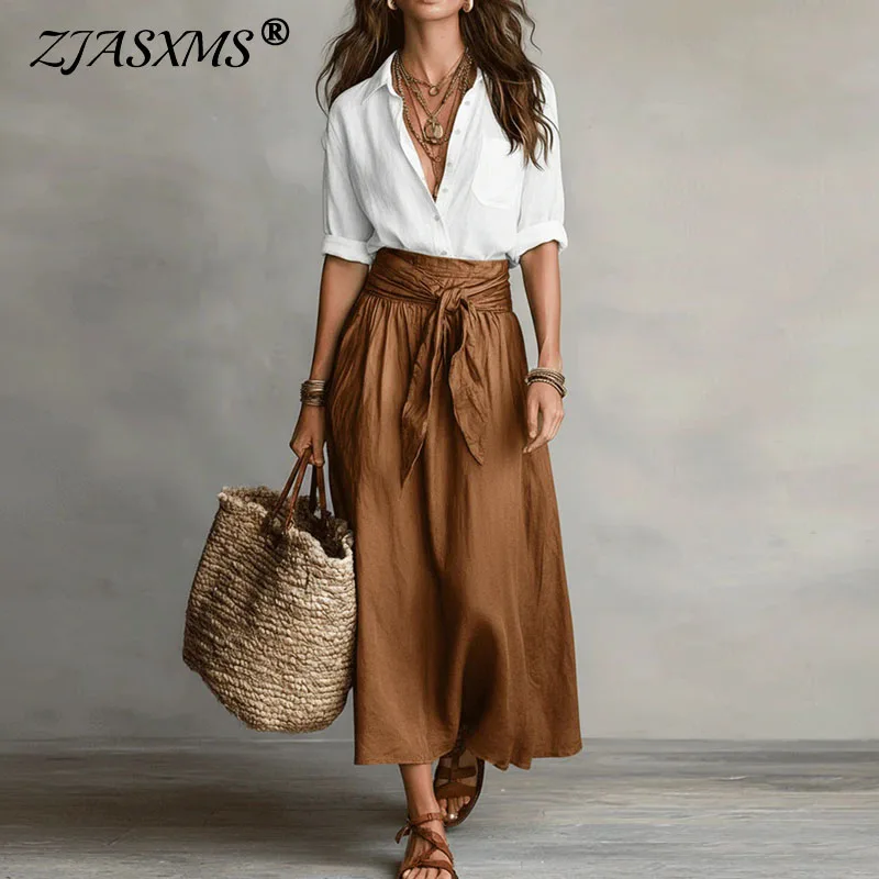 2026 Spring Summer Solid Women's Suit Casual Button Lapel Top T-shirt And Tie Waist Bowknot Skirt Sets Long Sleeve Office Outfit