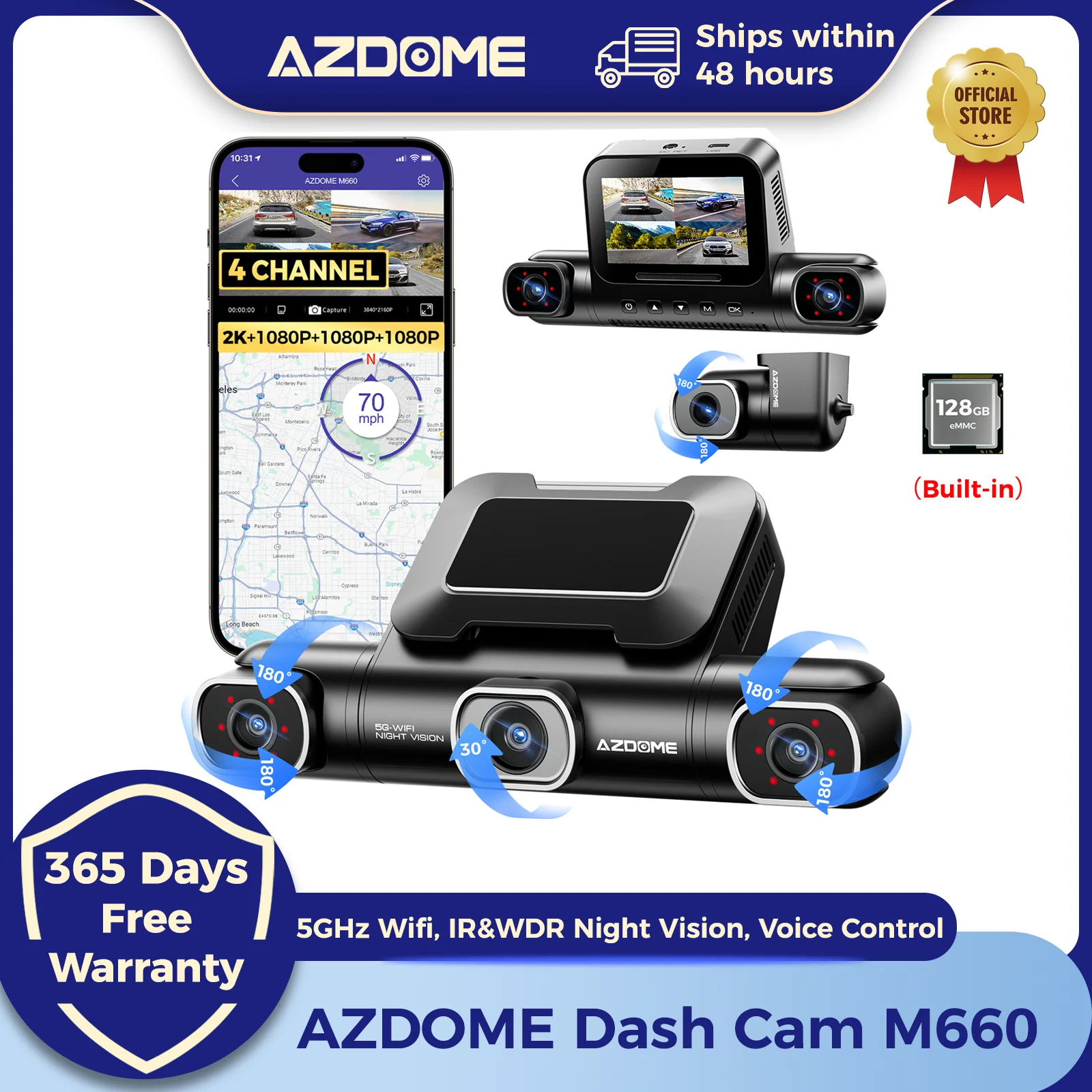 AZDOME-Caméra de tableau de bord de voiture avec commande vocale, moniteur de stationnement 24h, super vision nocturne, Mconved 2K + 3*1080P 4CH DVR GPS 5G Wifi intégré 128GB eMMC