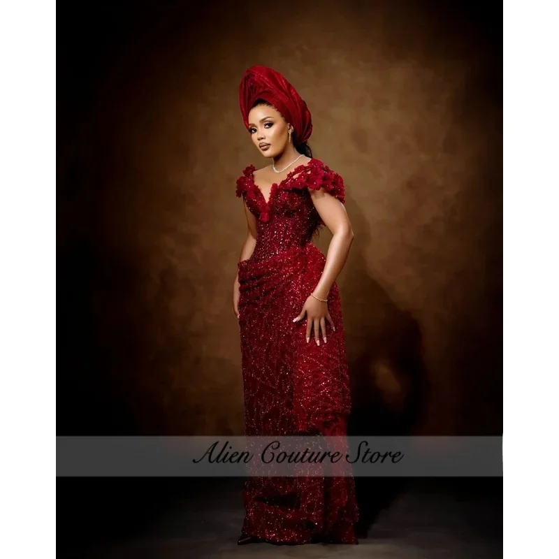 

Dark Red Off The Shoulder Evening Dresses For African Girls Delicate Beaded Applique Wedding Party Gowns Prom Dress Customized