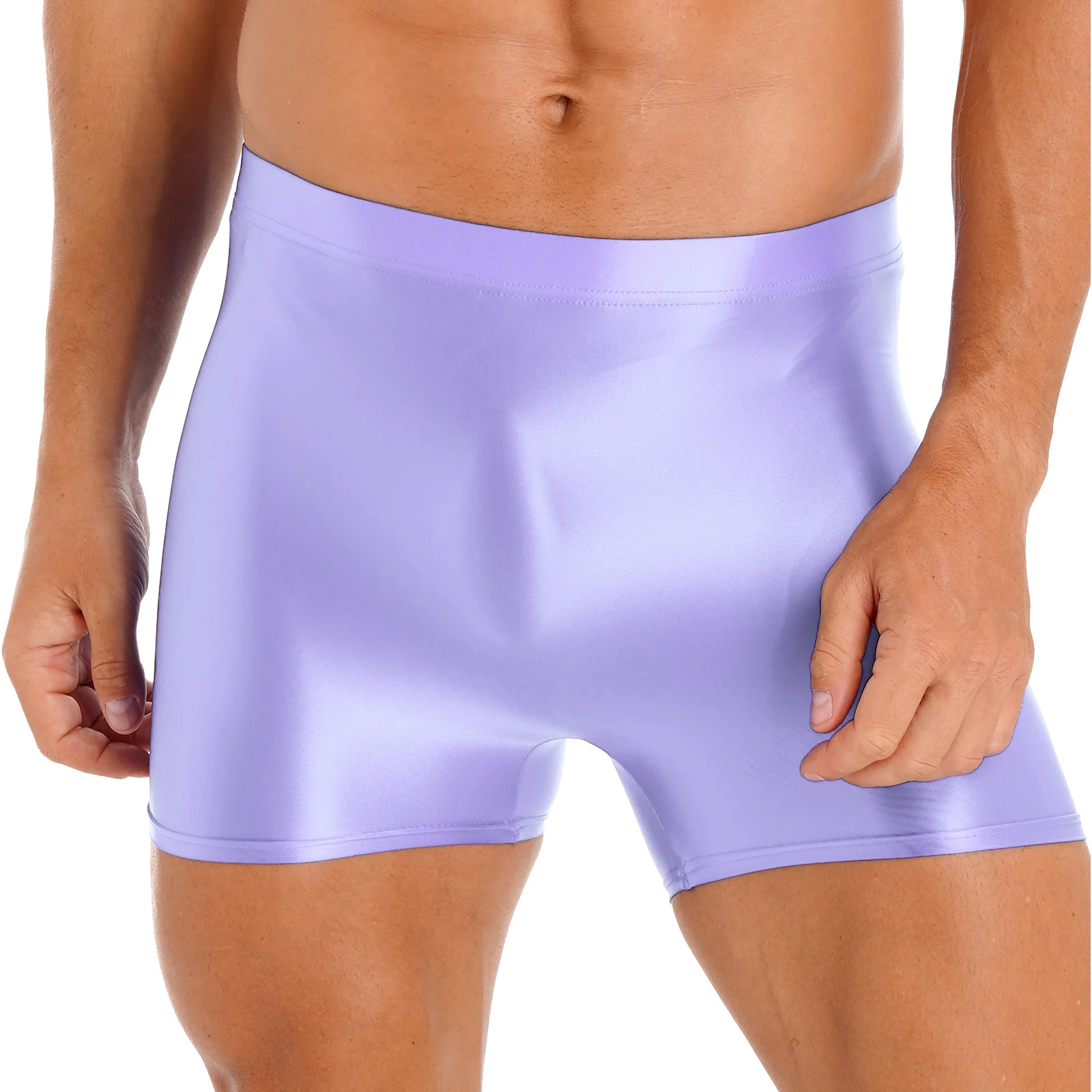 Pantalones cortos brillantes de aceite para hombre, Shorts elásticos de cintura alta para deporte, Fitness, gimnasio, traje de baño, bañador con