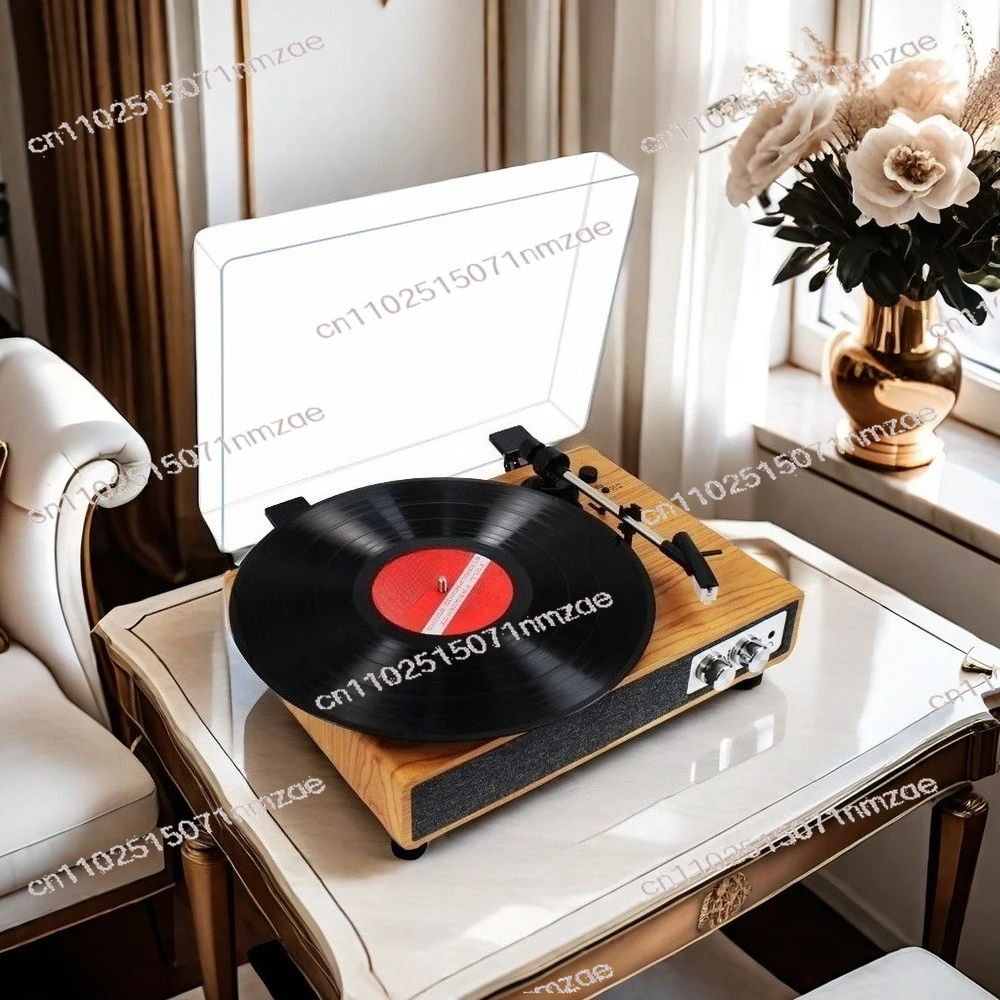 Vintage Wooden Vinyl Record Player with Transparent Cover Multi Speed Turntable Bluetooth Speaker Home Decoration