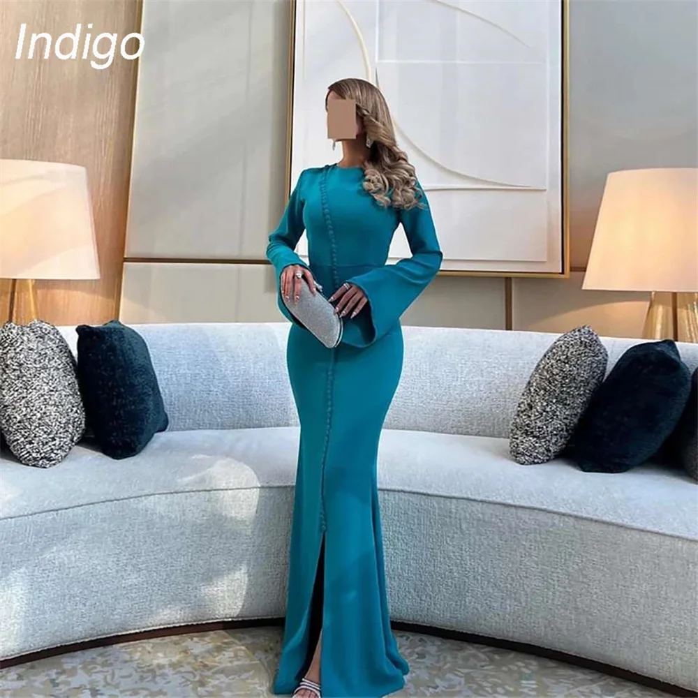 Indigo Prom Dress Mermaid Long Sleeve Formal O-Neck Split Button Simple Occasion Party Evening Gown فساتين السهرة Customized