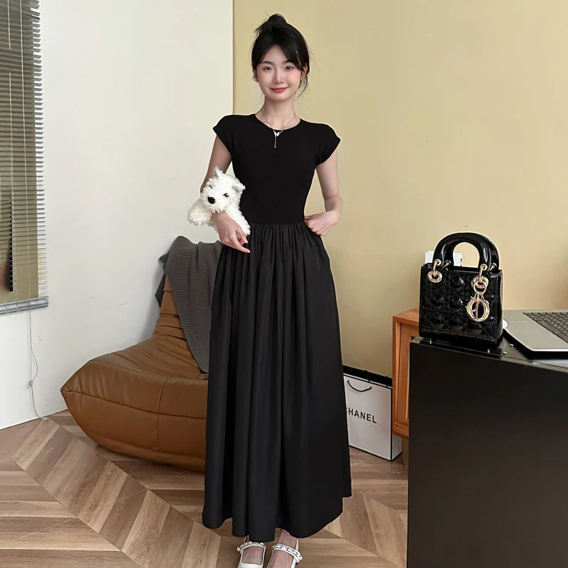 French Style Women's Dresses for 2023 Summer Loose O-Neck Lady T-Shirt Dress Patchwork Sleeveless Vestidos Female Robe KE3452