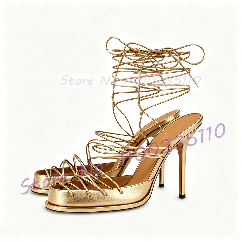 Novelty Round Cover Toe High Heels Sandals Women Sexy Cross Tied Stiletto Nifty Shoe Ladies Party Lace Up Feminine Solid Sandals