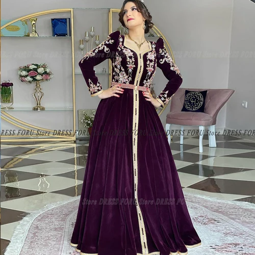 Imagen 1 del producto Caftán marroquí bordado de lujo, vestido de noche con apliques de cuentas, bata Formal de terciopelo de Dubái, abullonada manga, vestido de Fiesta de boda