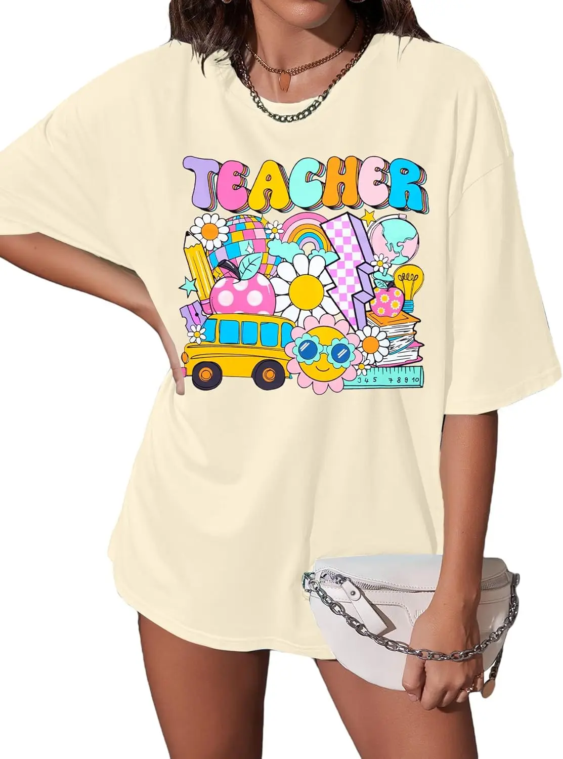 Retro Teacher Shirt for Women Back to School Oversize Shirts Cute Preschool Kindergarten First Day of School Teacher Tee Tops