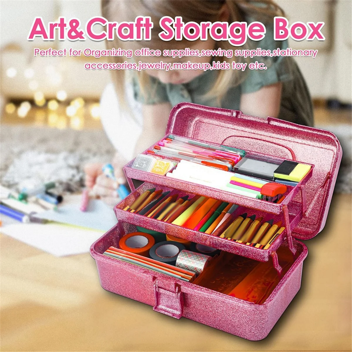 A56X Scatola portaoggetti per attrezzi rosa glitterato e artigianale, scatola per attrezzatura da trasporto impilabile a 3 strati, scatola per cucire, organizer per arte