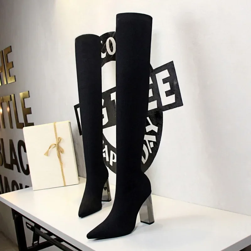 Sexy Women Over The Knee Boots High Mature Heels European and American Fashion Simplicity Metal and Thick Heels Women\'s Shoes